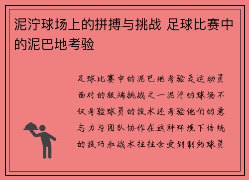 泥泞球场上的拼搏与挑战 足球比赛中的泥巴地考验