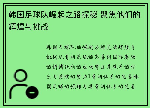 韩国足球队崛起之路探秘 聚焦他们的辉煌与挑战