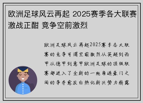 欧洲足球风云再起 2025赛季各大联赛激战正酣 竞争空前激烈