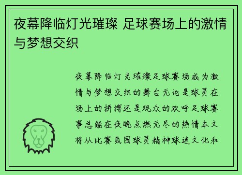 夜幕降临灯光璀璨 足球赛场上的激情与梦想交织