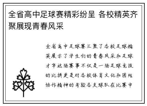 全省高中足球赛精彩纷呈 各校精英齐聚展现青春风采