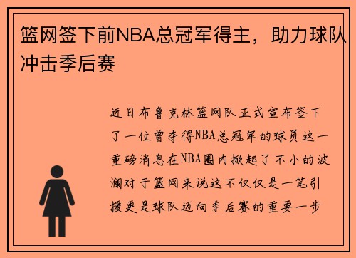 篮网签下前NBA总冠军得主，助力球队冲击季后赛