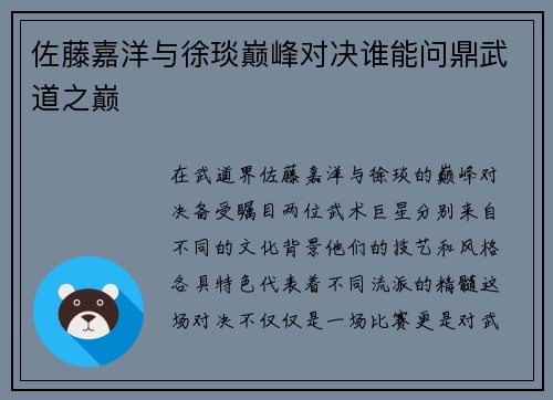 佐藤嘉洋与徐琰巅峰对决谁能问鼎武道之巅