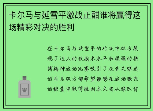 卡尔马与延雪平激战正酣谁将赢得这场精彩对决的胜利
