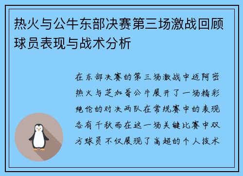 热火与公牛东部决赛第三场激战回顾球员表现与战术分析