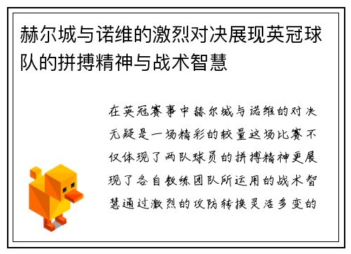 赫尔城与诺维的激烈对决展现英冠球队的拼搏精神与战术智慧