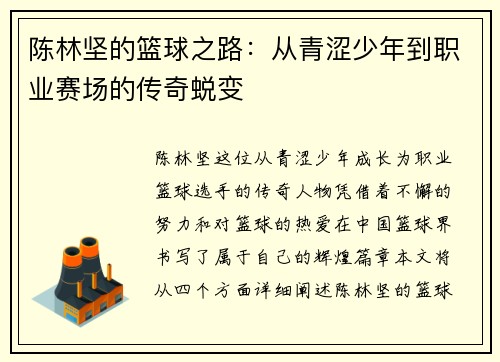 陈林坚的篮球之路：从青涩少年到职业赛场的传奇蜕变