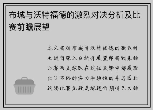 布城与沃特福德的激烈对决分析及比赛前瞻展望