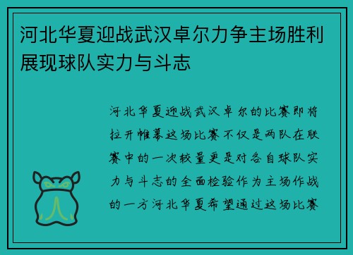 河北华夏迎战武汉卓尔力争主场胜利展现球队实力与斗志