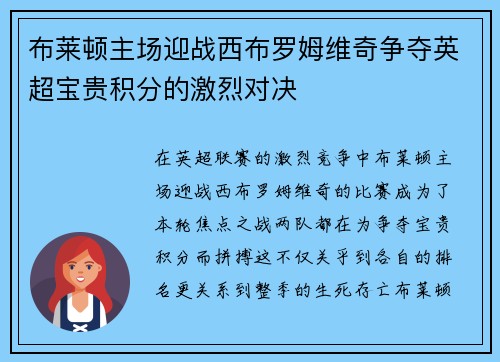 布莱顿主场迎战西布罗姆维奇争夺英超宝贵积分的激烈对决