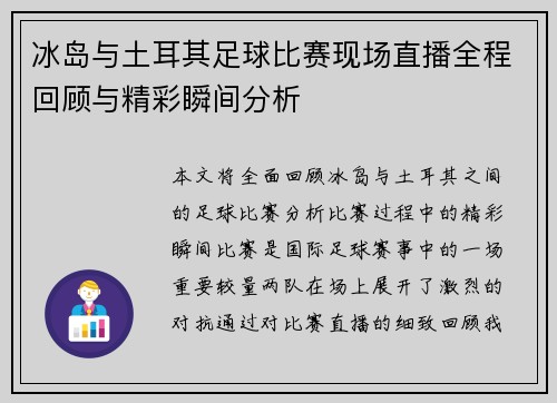 冰岛与土耳其足球比赛现场直播全程回顾与精彩瞬间分析