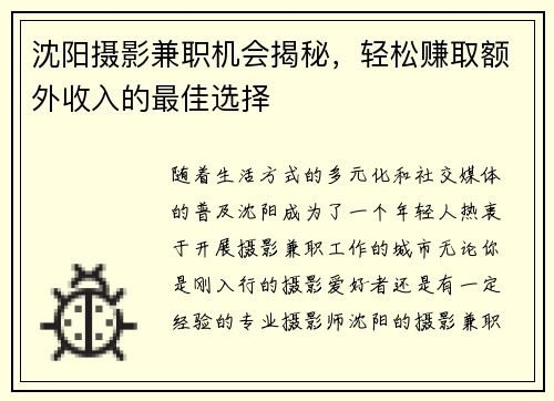 沈阳摄影兼职机会揭秘，轻松赚取额外收入的最佳选择
