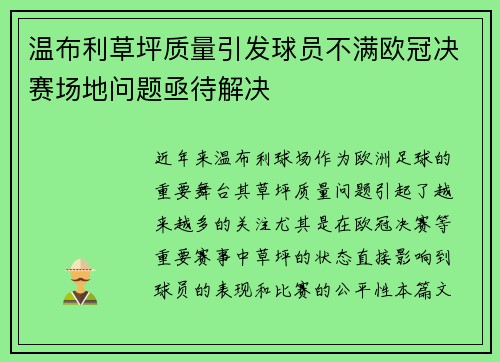 温布利草坪质量引发球员不满欧冠决赛场地问题亟待解决