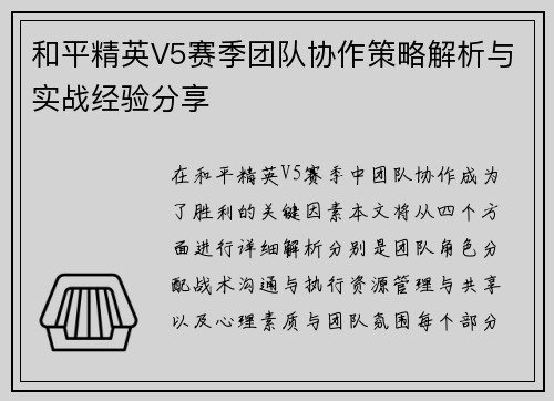 和平精英V5赛季团队协作策略解析与实战经验分享