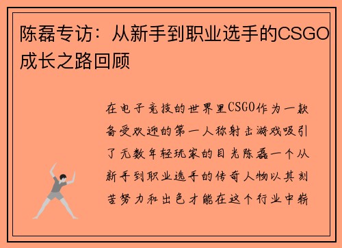 陈磊专访：从新手到职业选手的CSGO成长之路回顾