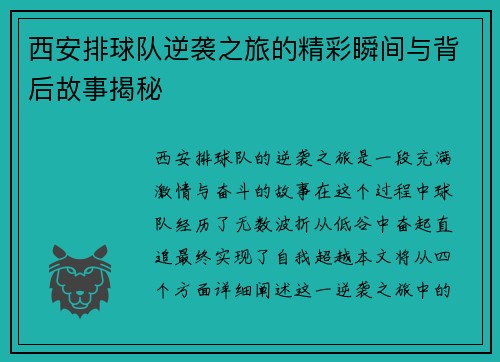 西安排球队逆袭之旅的精彩瞬间与背后故事揭秘