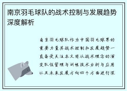 南京羽毛球队的战术控制与发展趋势深度解析