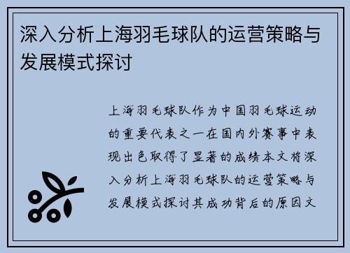 深入分析上海羽毛球队的运营策略与发展模式探讨