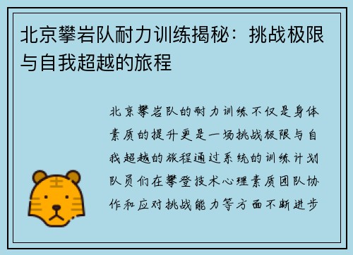 北京攀岩队耐力训练揭秘：挑战极限与自我超越的旅程